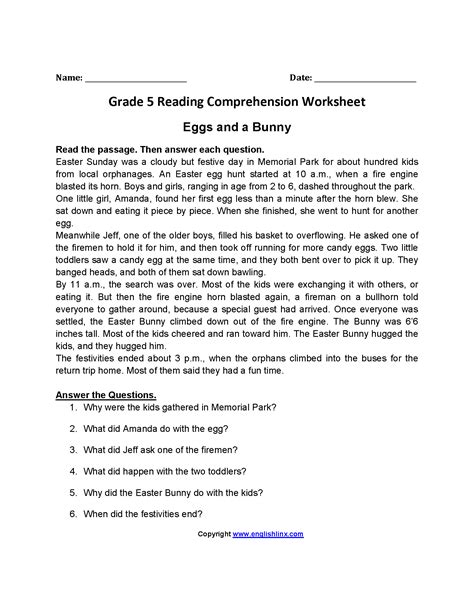 Comprehension Passages For Grade 5 Printable Worksheet