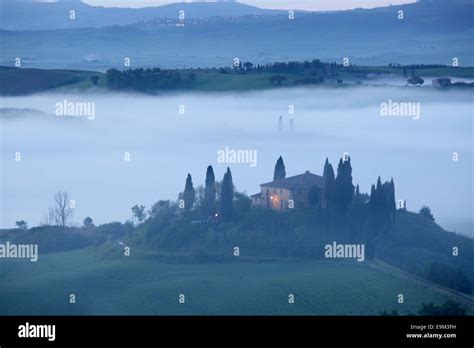The Belvedere Farmhouse In Val Dorcia With Early Morning Fog San