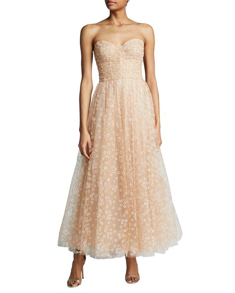 Monique Lhuillier Floral Embroidered Strapless Tulle Dress Neiman Marcus
