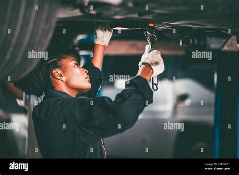 Garage Women Worker Mechanic Team Working Car Auto Service Fix Replace