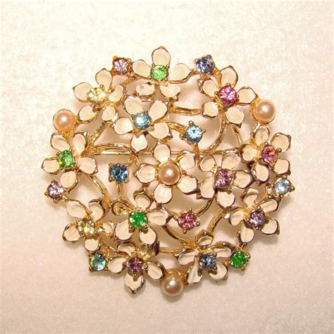 Gorgeous Color Rhinestone Enamel Flower Cluster Vintage Brooch From