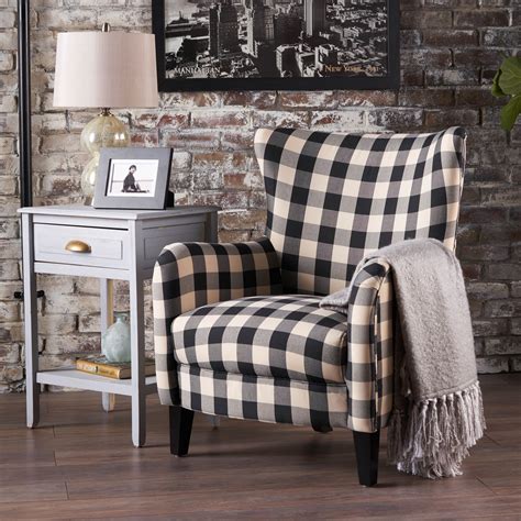 Noble House Plaid Fabric Club Accent Chair Black White