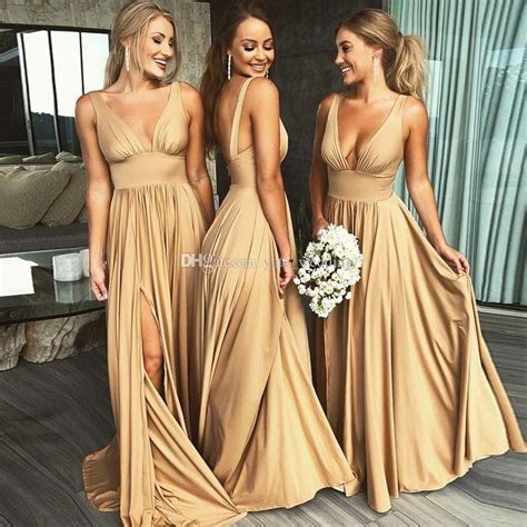 2019 Sexy Long Gold Bridesmaid Dresses Deep V Neck Empire