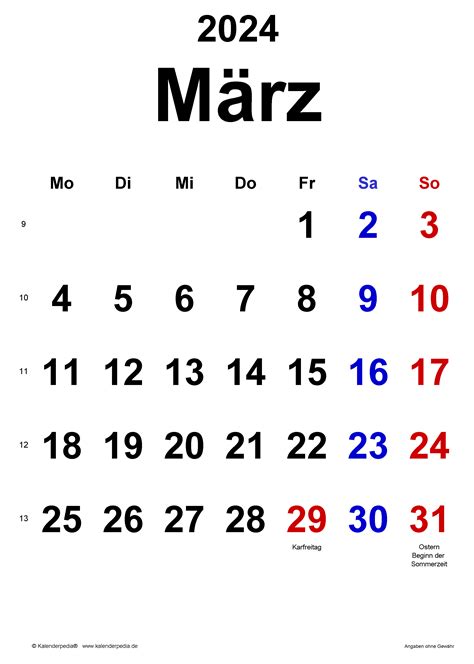 Kalender März 2024 Als Word Vorlagen
