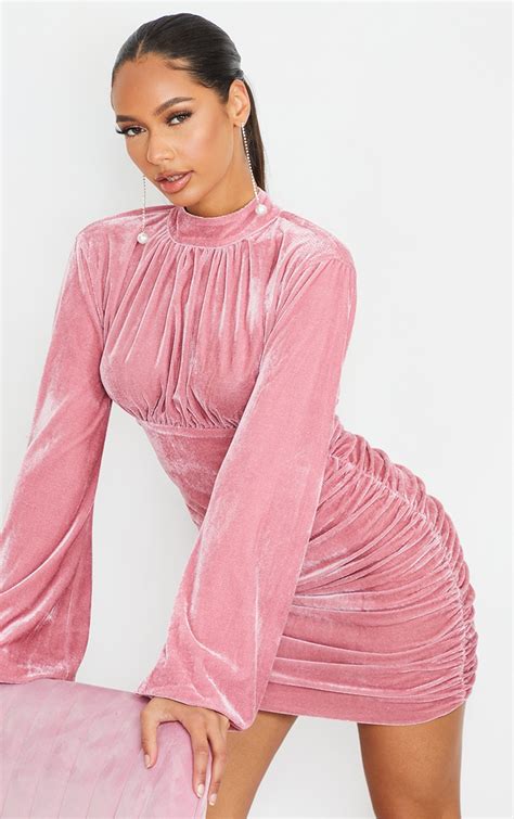Dusty Pink Velvet Balloon Sleeve Bodycon Dress Prettylittlething Il