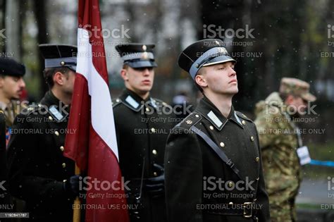 Latvian Soldiers In Ceremonial Uniforms Take Part At The Romanian