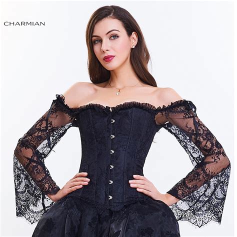 Charmian Womens Retro Gothic Corset Plus Size Sexy Black Lace Off