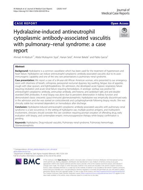 Pdf Hydralazine Induced Antineutrophil Cytoplasmic Antibody