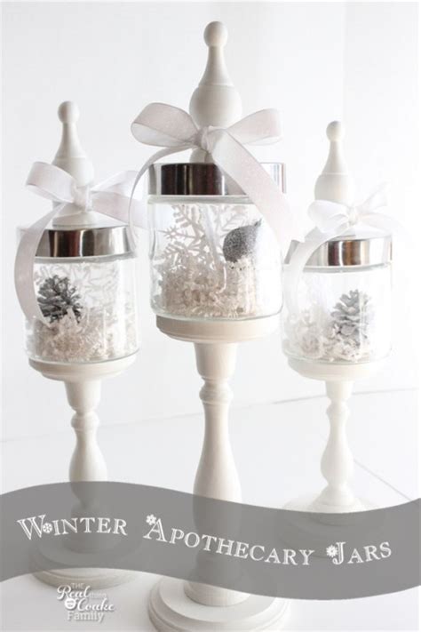 Add some mini pumpkins, and a few fall fun things into your glass jar. Winter Apothecary Jars