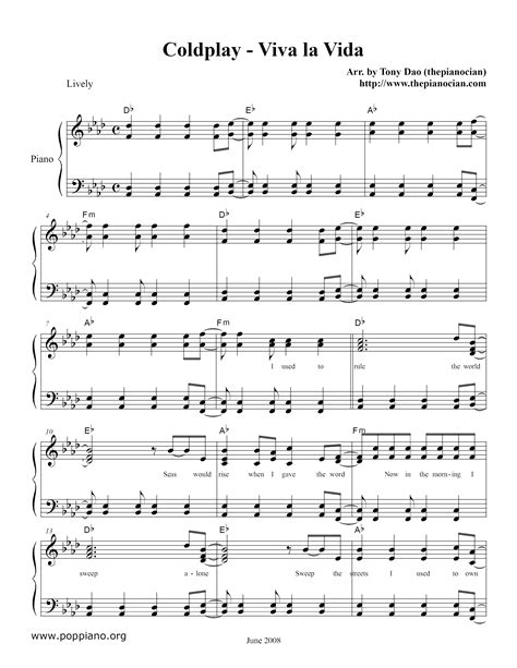 Viva La Vida Sheet Music Piano Score Free Pdf Download Hk Pop