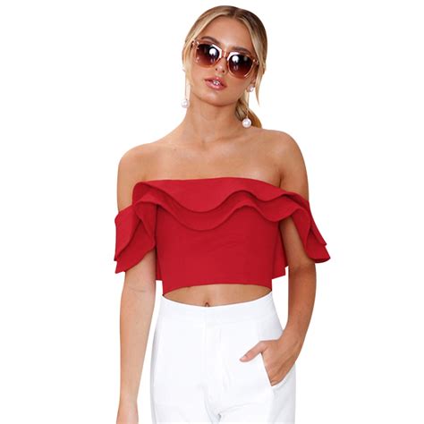 Sexy Summer Crop Tops Women Blouse Fashion Ruffles Off The Shoulder Blouse Ladies Party Cloth F3