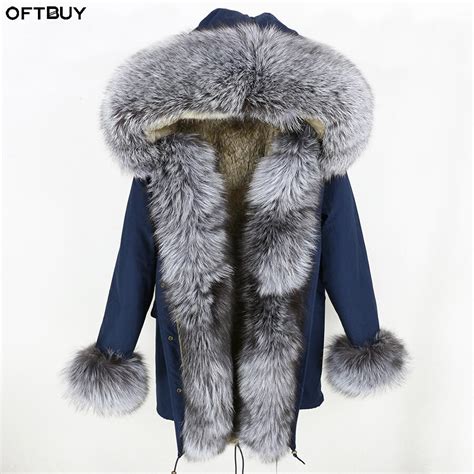 Oftbuy Real Fur Coat Winter Jacket Women Long Parka Natural Silver Fox