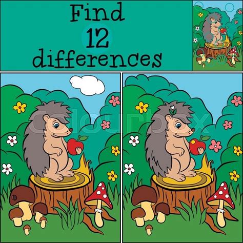 Children Games Find Differences Little Cute Hedgehog Stands On The