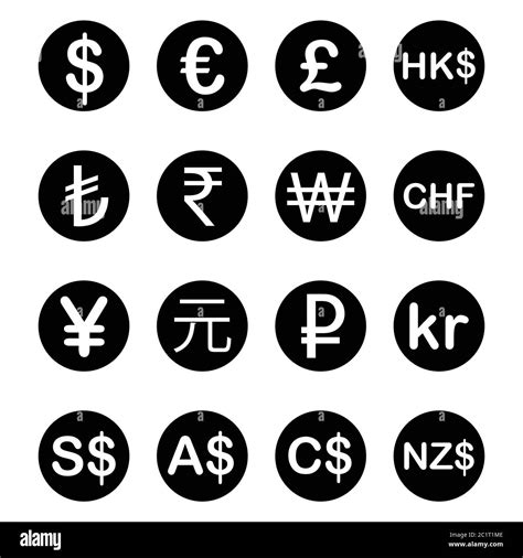 Varios Símbolos Y Símbolos De Dinero De Divisas Con Descripciones Ilustración Negra Aislada