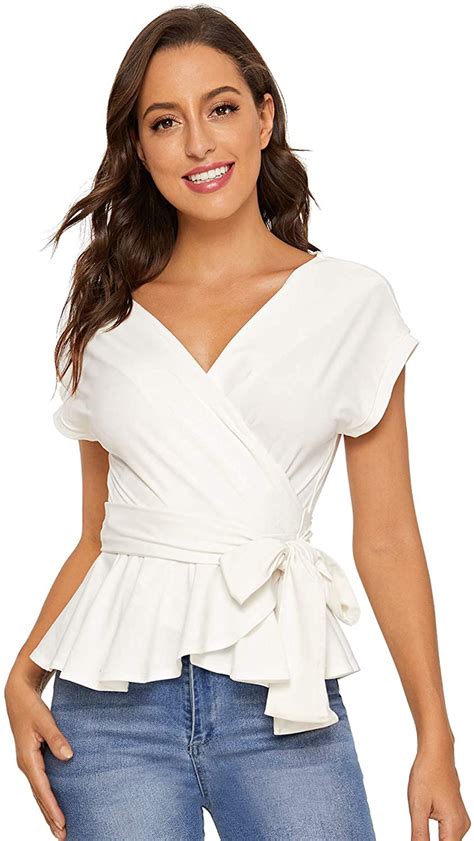 Shein Womens Short Sleeve V Neck Ruffle Blouse Puff Sleeve White Size Large 4 Ebay