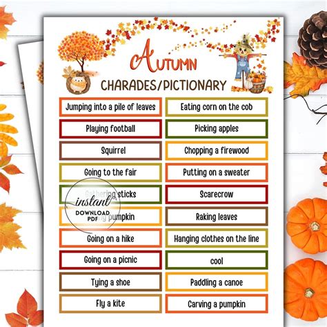 Autumn Charades Pictionary Game Fall Time Activities For Etsy