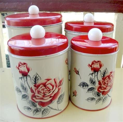 Vintage Tin Canister Set Red Rose 1940s Colorware