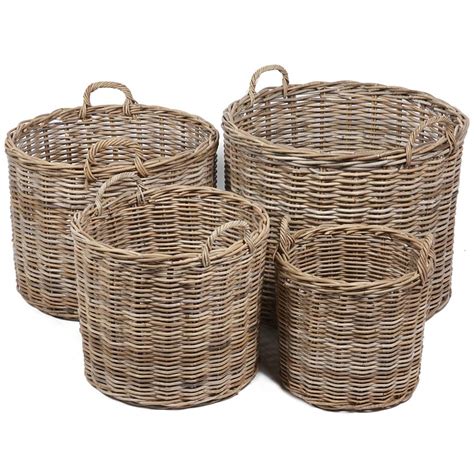 Wicker Merchant Set of 4 Round Baskets With Ear Handles - French 