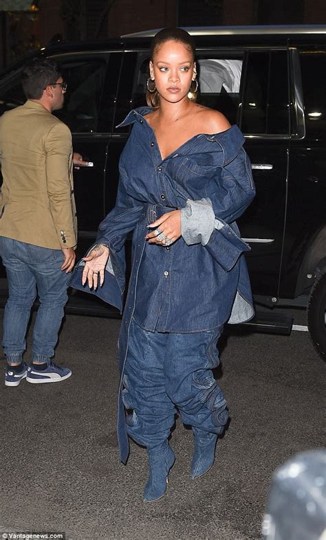 Rihanna Wears Denim Jacket And Thigh High Boots At Nyfw Daily Mail Online