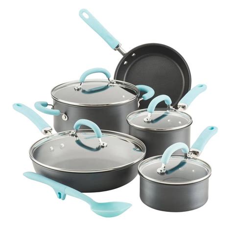 rachael ray create delicious 10pc hard anodized cookware set with light blue handles in 2021