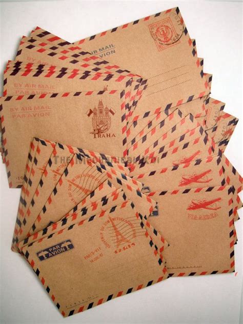 40 Mini Kraft Envelopes Airmail Vintage Style Paris Praha Italy London