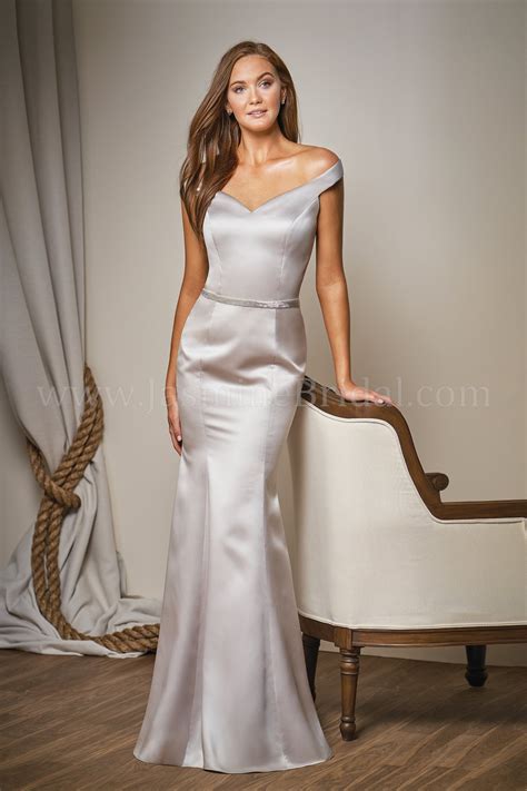 Silver crystal/pearl beaded bridal sash belt on white ribbon. L204011 Long Off-the-Shoulder Marquis Satin Bridesmaid Dress
