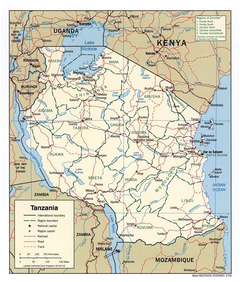 Detailed large political map of tanzania showing names of capital cities, towns, states, provinces and boundaries with neighbouring countries. Large detailed political and administrative map of ...