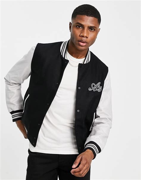 Asos Design Varsity Jacket In Black With Real Leather Sleeves And