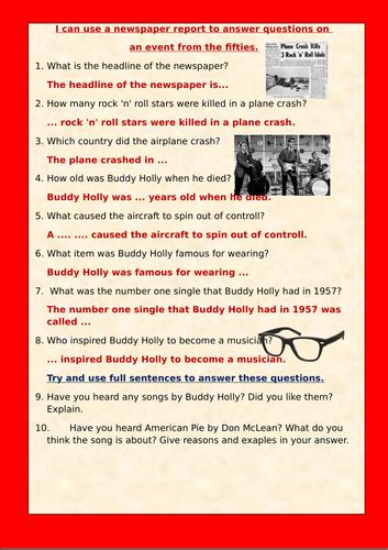 Buddy Holly The Day Music Died Newspaper Comprehension Text Teaching Resources