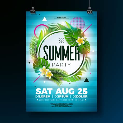 Vector Summer Party Flyer Design With Tropical Leaves And Flower On