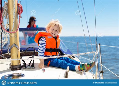Kids Sail On Yacht In Sea Child Sailing On Boat Stock Image Image Of