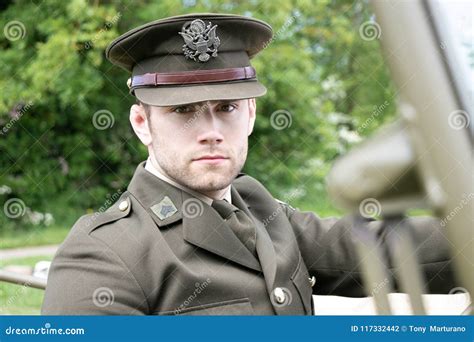 Handsome American Wwii Gi Army Officer In Uniform Riding Willy Jeep