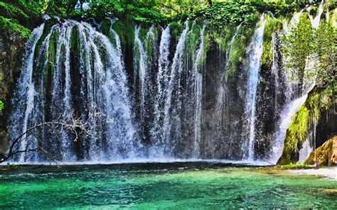 Download Wallpapers Beautiful Waterfall Forest Emerald Lake