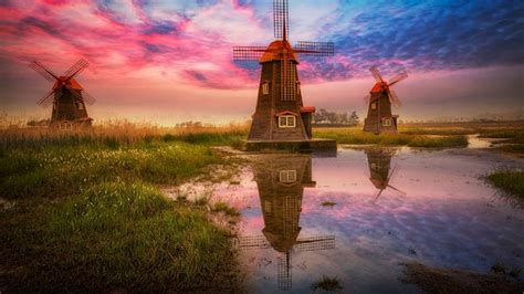 Dutch Wallpaper Windmill Sky Natural Landscape Reflection Landmark