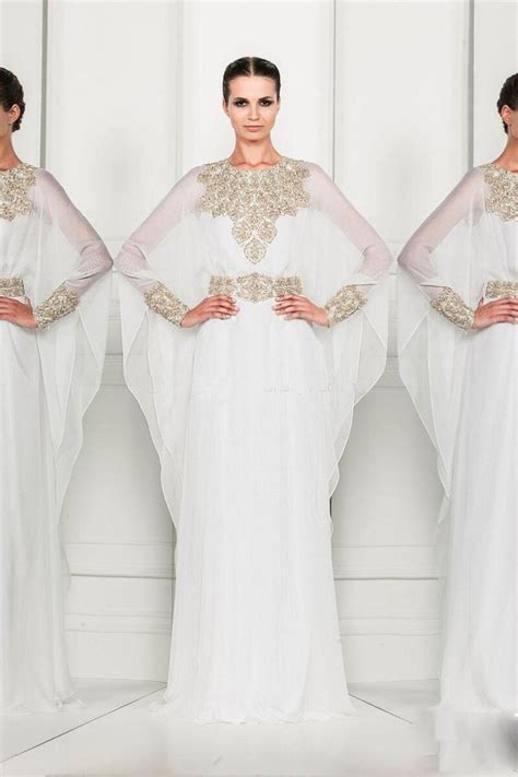 Hot Muslim Abaya Kaftan Long Beaded Prom Dresses Evening Gown Chiffon White Arabic Abaya Dubai