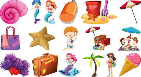 Set Of Summer Beach Objects And Cartoon Characters 4934317 Vector Art