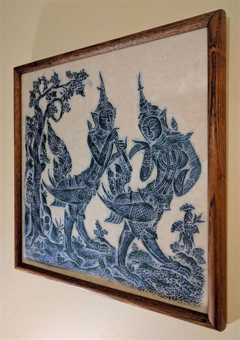 Framed wall art set features woven rice paper patterns in a neutral hue. VINTAGE ANGOR WAT THAI/CAMBODIAN TEMPLE STONE RUBBING ART ...