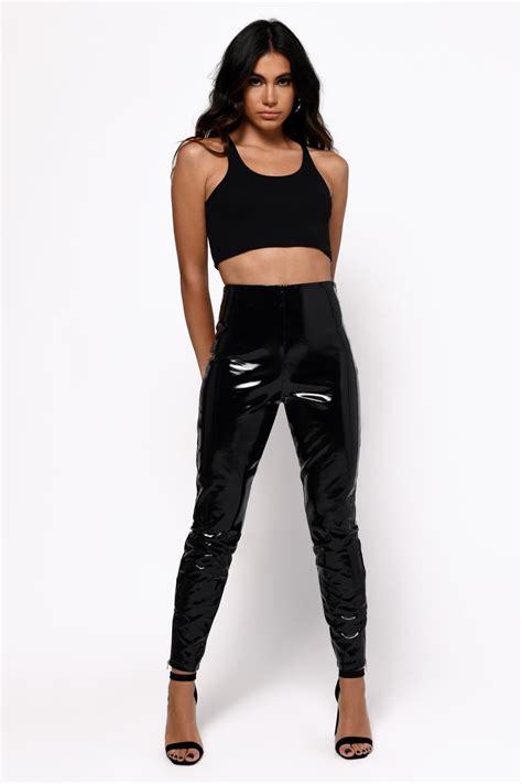 Tobi Leggings Womens Roxy Black High Waisted Faux Patent Leather Leggings Black TheiPodTeacher