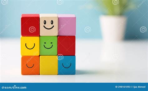 Colorful Wooden Cubes With Smiley Face And Happy Face On It Stock