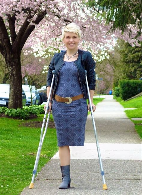 Street One Leg Amputee Woman Crutches