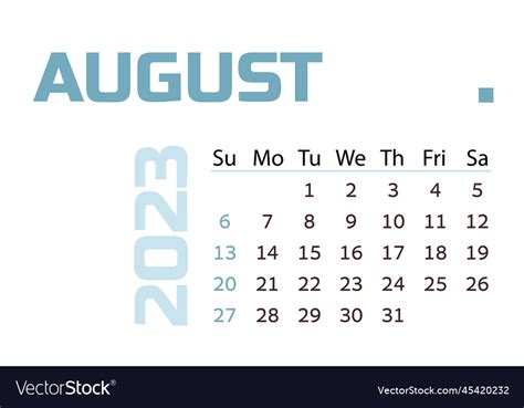 Calendar For The Month Of August 2023 Blue Vector Image