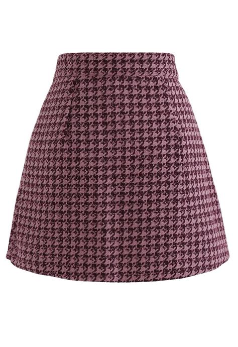 Houndstooth Tweed Asymmetric Mini Skirt In Hot Pink Retro Indie And