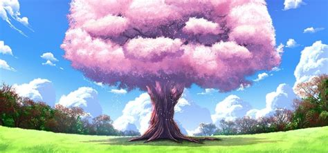 Cartoon Cherry Tree Sky Background Cartoon Cherry Blossoms Blue