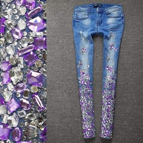 Handmade Purplewomen Luxury Rhinestones Diamond Denim Jeans Women Skinny Stretch Pencil Slim