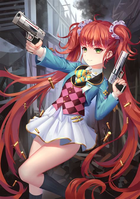 Wallpaper Illustration Gun Redhead Long Hair Anime Girls Green Eyes Weapon Knee Highs