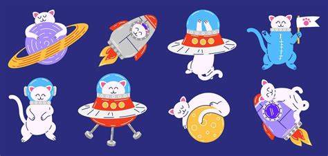 Set Of Cute Cartoon Cats In Space Vector Illustration Of Cats