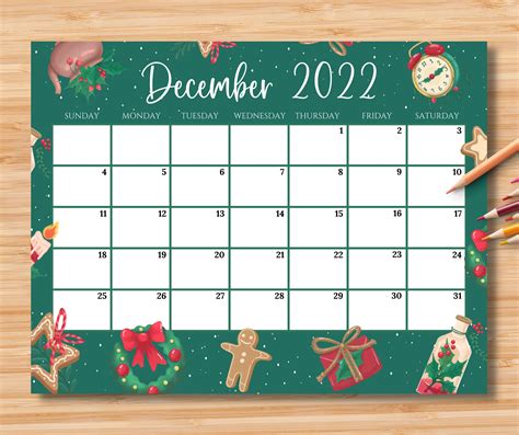 Editable December 2022 Calendar Gorgeous Colorful Christmas