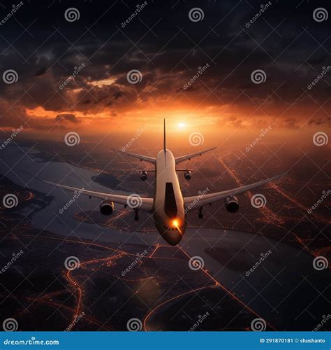 Plane Flying Towards the Sunset Stock Illustration - Illustration of