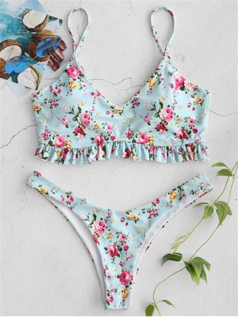 26 Off 2021 Zaful Ruffles Tiny Floral Bikini Set In Multi Zaful