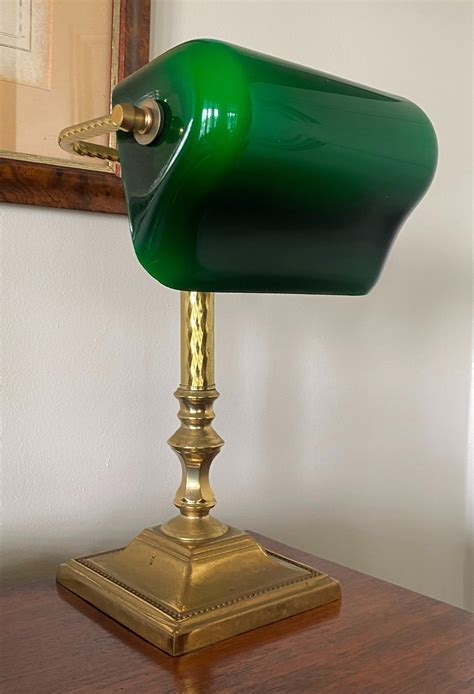 Lot A Brass Bankers Lamp With Green Glass Shade